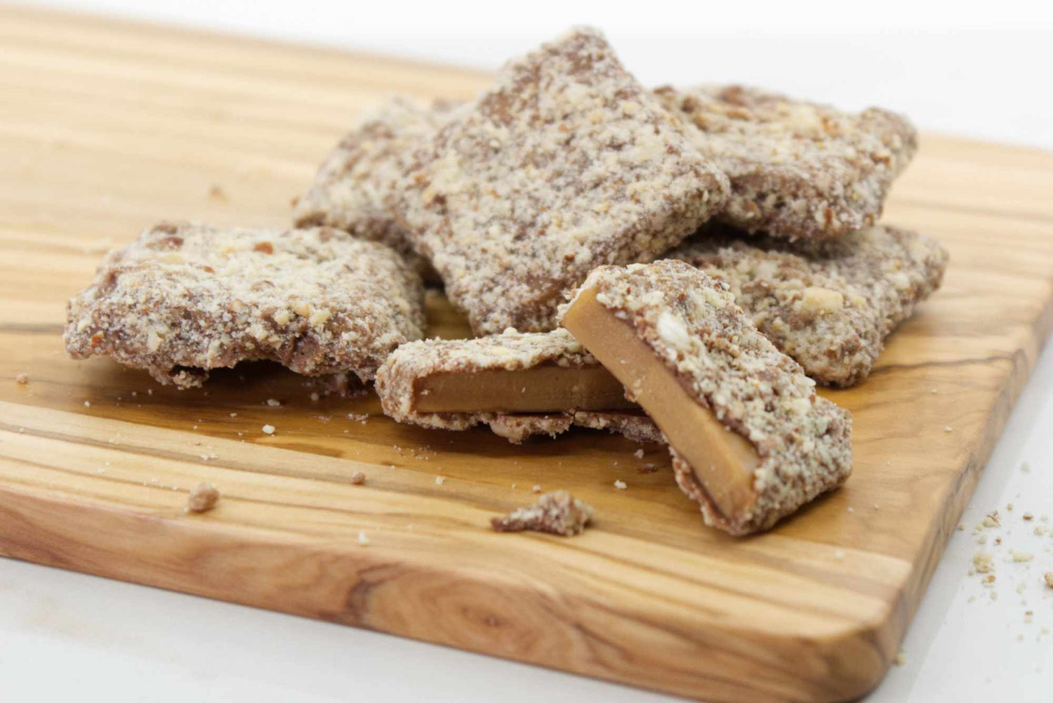 Honey Toffee coated in Belgian milk chocolate and chopped almonds.