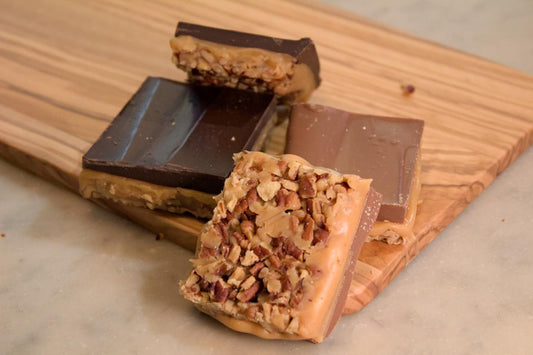 Chocolate Caramel Pecan Squares | Milk or Dark Chocolate